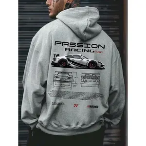 Men's Car Print Hoodie, Gift for Car Enthusiasts, Streetwear Cyberpunk Style, Fall & Winter Casual Fitted Kint Fabric, Graphic Print Hoodie
