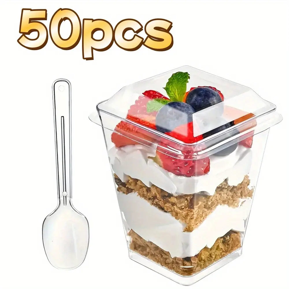 50PCS Dessert Cups with Lids & Spoons, 5oz 150ml Clear Plastic Dessert Cups, Reusable Square Parfait Cups for Pudding, Mousse, Ice Cream, Party Cups, Dessert Table Essentials, Wedding Birthday Supplies