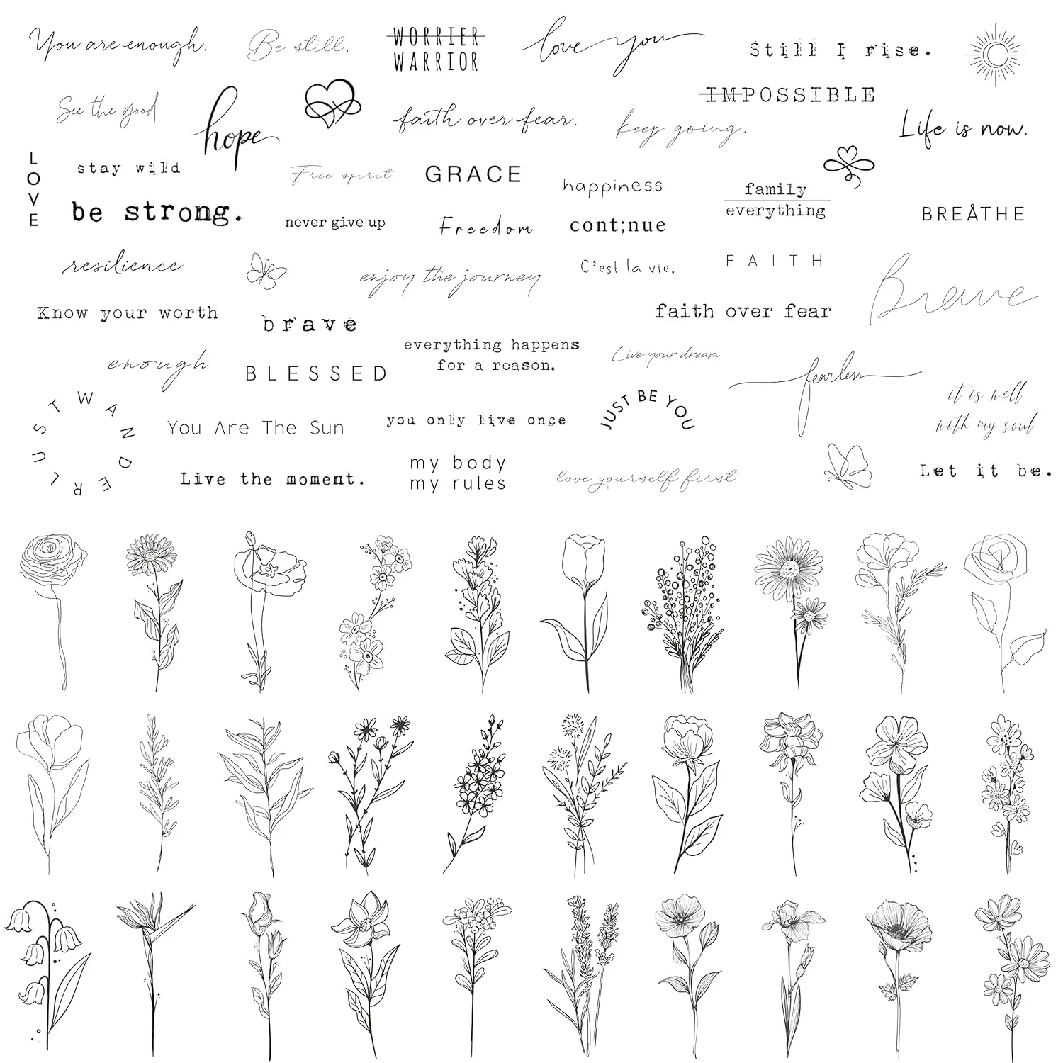 Realistic Temporary Tattoos - 60 Sheets Tiny Small Removable Tattoos, 30 Pcs Inspirational Quotes Words Tattoos, 30 Pcs Wild Flower Ink Line Botanical Floral Leaf Tattoo Stickers for Women