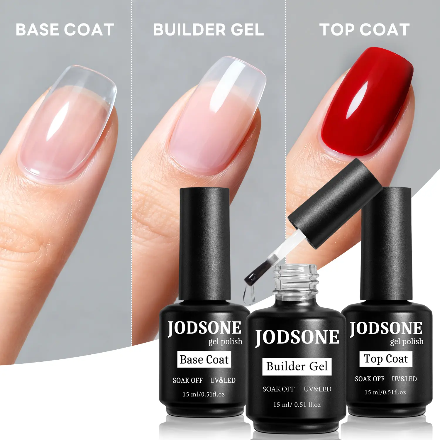 JODSONE 3-Piece Nail Care Gel Polish Set - 15ml Cosmetic Bottles (Base Coat, Top Coat, Builder Gel) for Extension, Strengthening, 21-Day Wear DIY Art (Soak Off), Strong