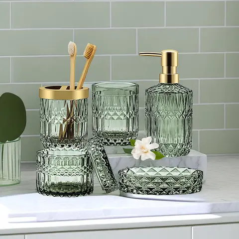5-Piece Diamond-Cutting Green Glass Bath Accessory Kit - Vanity Countertop Organizer with Hand Soap Dispenser, Soap Dish, Toothbrush Holder, Jar, Ideal for Birthdays, Christmas, Mother's Day Housewarming Gifts