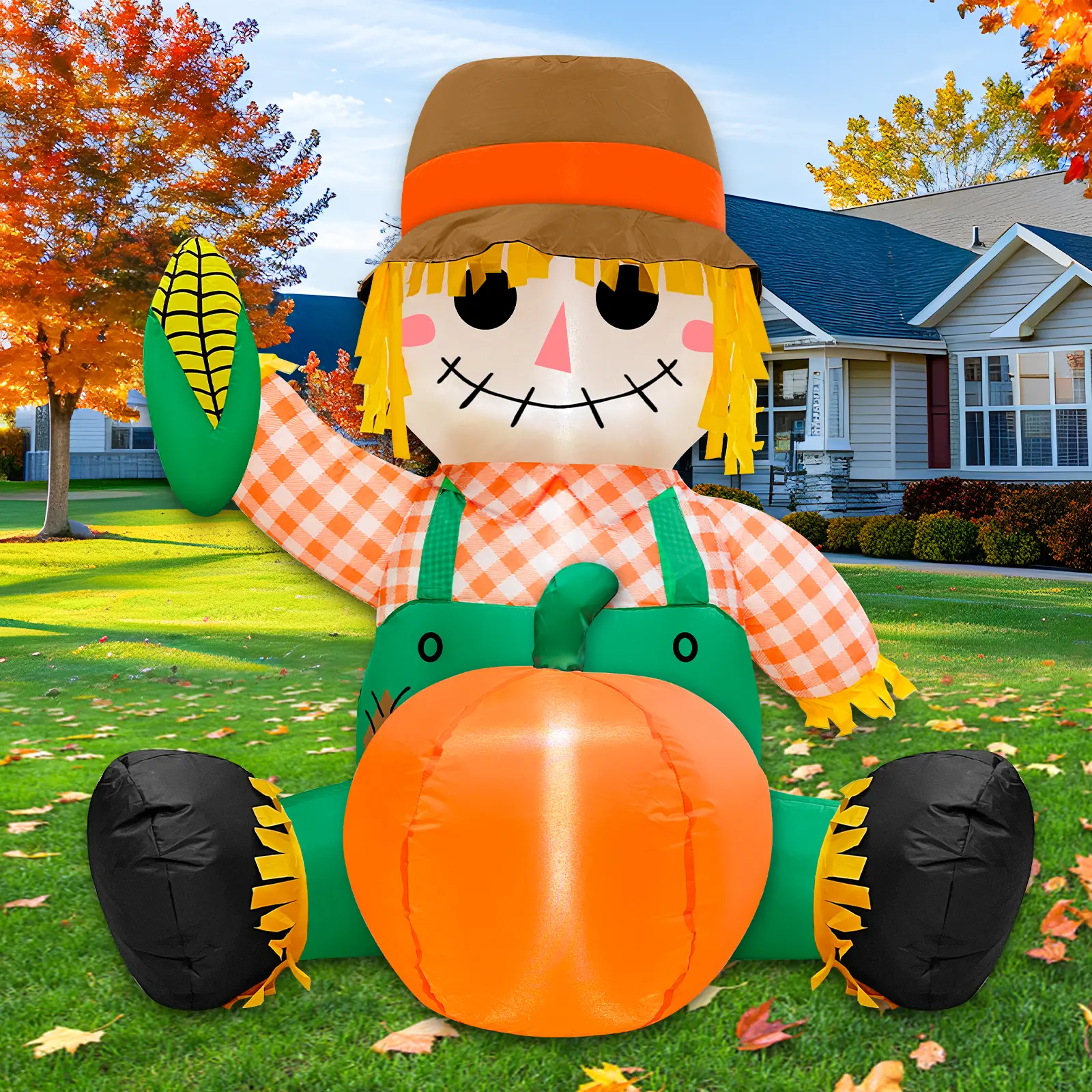 3.5FT Long Seated Fall Thanksgiving Inflatable Scarecrow Outdoor Decor, 3.5FT Wide Polyester Blow Up Harvest Decor with Built-in LED, Power Adapter Included for Garden Lawn Party Supplies