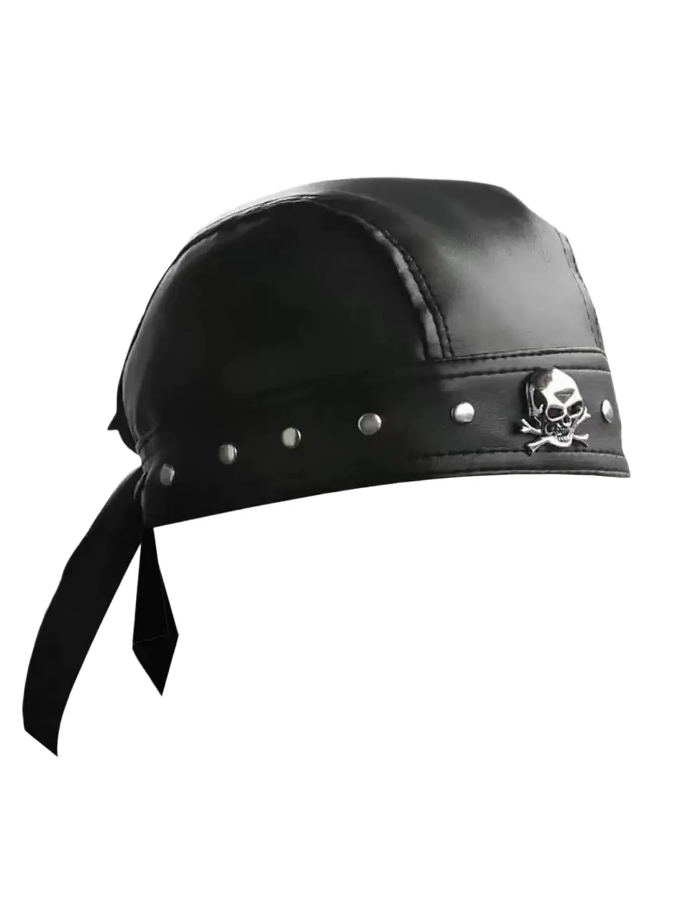 1PC  Unisex Punk Skull Cap – Black Studded Faux PU Leather Head Wrap with Metal Details, Adjustable Biker Headband for Motorcycle, Party & Y2K Hip Hop Fashion, Premium Streetwear Hat, Fashionable Hats, Cool Hats