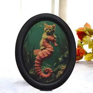 Fantasy Funny Cat Riding Seahorse Decoration, Oval Frame Fun Desk Art, Unique Home Decor Item, Perfect for Creative Spaces