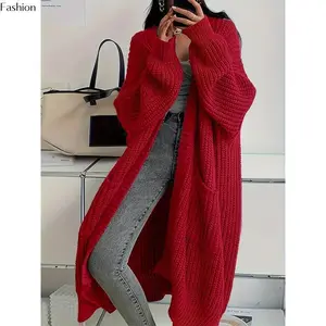 Solid Color Open Front Knitted Cardigan - Casual Long Sleeve Long Length - For Women - for Spring & Fall - Cozy & Stylish - Gift Idea for Fashionable Women