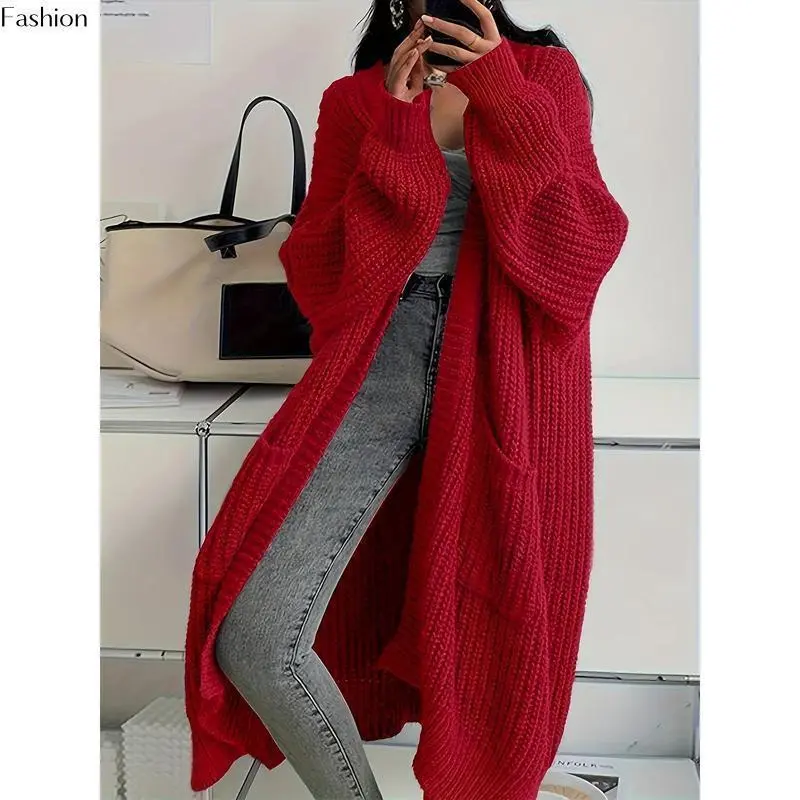 Solid Color Open Front Knitted Cardigan - Casual Long Sleeve Long Length - For Women - for Spring & Fall - Cozy & Stylish - Gift Idea for Fashionable Women