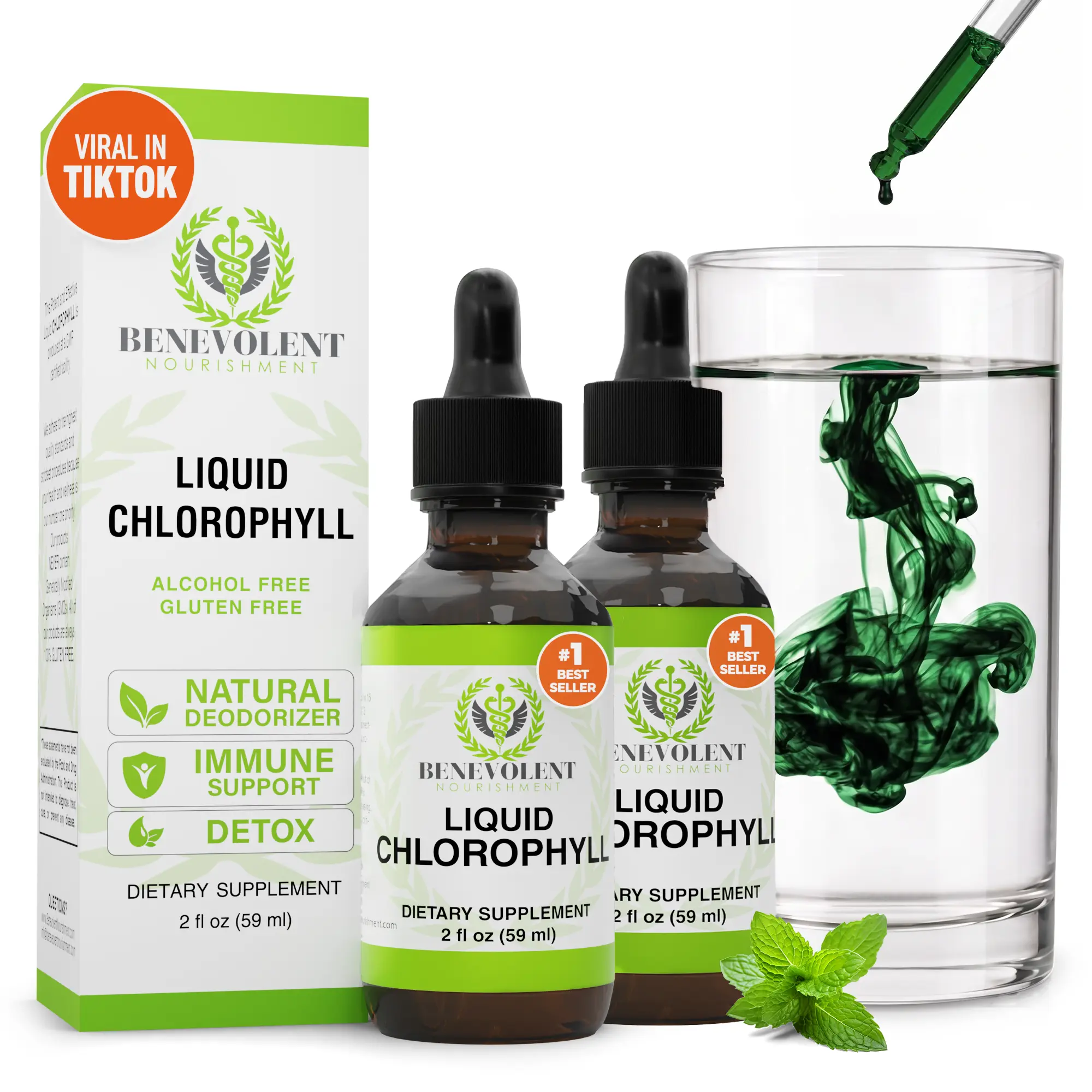 2 Pack Liquid Chlorophyll Drops Nutritional Supplement - 8-Month Supply, Peppermint Flavor, Internal Deodorant Supplement, Gut Support, Liver Cleanse Detox, Antioxidant Rich, Bad Breath Relief