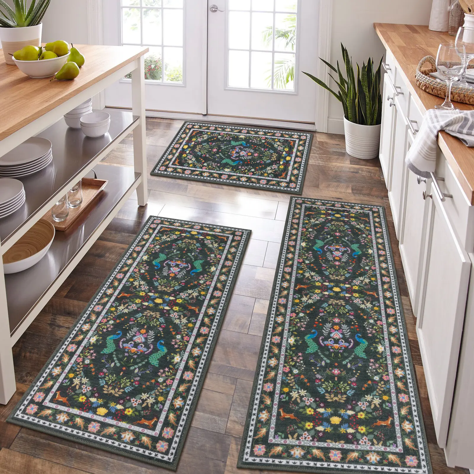 [Clearance] HEBE Washable Farmhouse Kitchen Rugs Sets of 3 Non Slip Washable Kitchen Rugs and Mats Boho Kitchen Mats for Floor Kitchen Runner Rug Kitchen Carpet Rug Runner for Hallways Kitchen Laundry