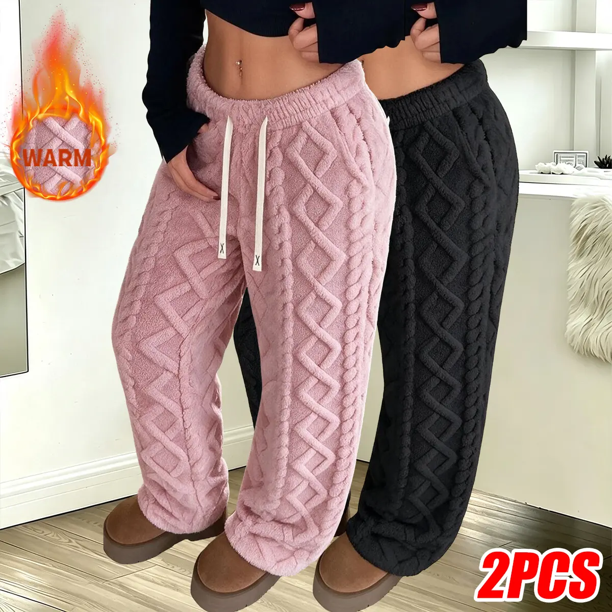 Women’s two-pack winter fleece pants – warm, stylish, available in multiple colors – elastic waistband adjustment – suitable for outdoor activities, sports, and home wear – fall clothing – baggy pants