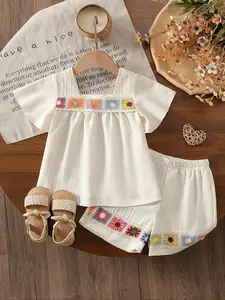 Summer Fashion Girls' Plaid Collar Embroidered Top & Ethnic Style Knee-Length Shorts Set, Cute Bubble Sleeve for Outdoor Vacation Beach Wear