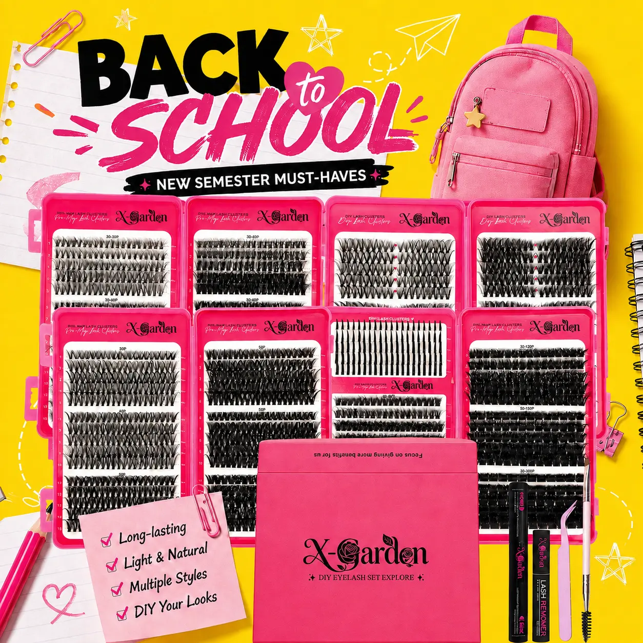 X-Garden Lash Cluster Kit, 2195PCS D Curl 10-18mm False Eyelashes & Adhesives, 180P/200P Fluffy Wispy Cluster Lashes, DIY Eyelash Set for Natural & Volume Looks, Nature