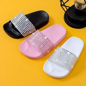 Sparkly Rhinestone Girls' Slide Sandals - Comfy, Durable EVA Material with Soft Sole, Glittery Design for Indoor/Outdoor Play, Black/White/Pink Options, Strappy must have items toddler girl