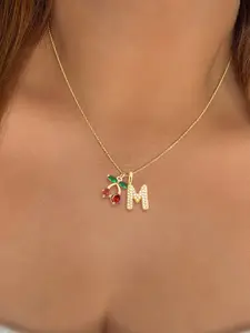 Women's Stainless Steel Letter Pendant Necklace, Casual Style Crystal Cherry Charm Jewelry, All-Season Accessory