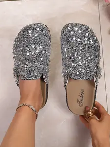 Women's Pink Sequin Buckle Platform Mule Clogs, Y2K Glitter-Chic Style, Non-Slip Party Slides  #Y2KGlitterShoes, #SequinClogs, #PartyChicMules