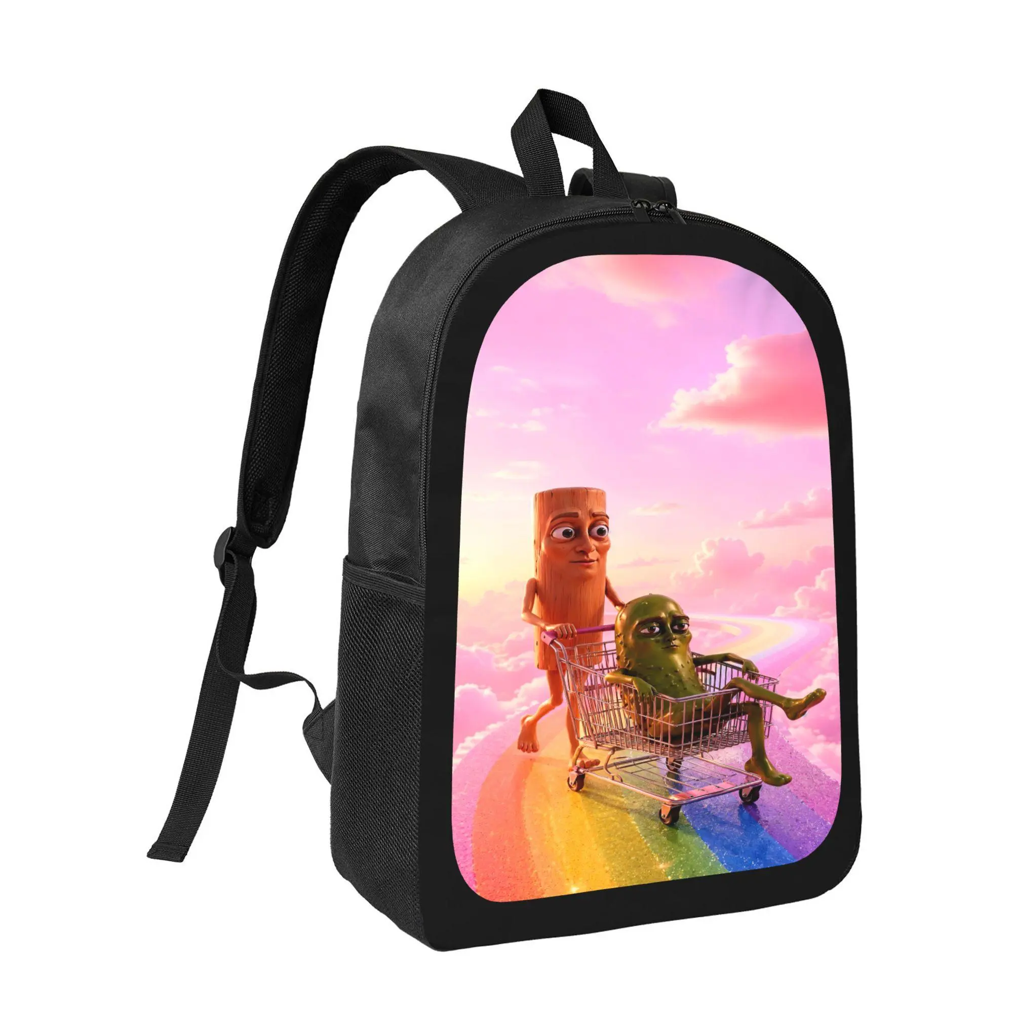 Funny Pickle Man Shopping Cart Meme Print Backpack, Casual Shoulder Book Bag for Meme Lovers Travel Outdoor Campus