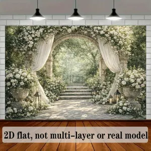 2D Flat Stone Arch Courtyard Backdrop with a Stone Arch in The Center Adorned with Drooping White Flower Clusters And Green Leaves Flanked by Classical Fountains And Floral Arrangements Embellished with Candlelight Decorations