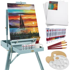 Best Choice Products French Easel, 32pc Beginners Kit Portable Wooden Adjustable Tripod  w/ Paint Supplies