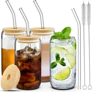 4 Glass Cups with Lids, Straws, and Brushes - 16 Oz Drinking Cup Set with Bamboo Lids and Straws for Iced Coffee, Tumblers with Straw and Lid