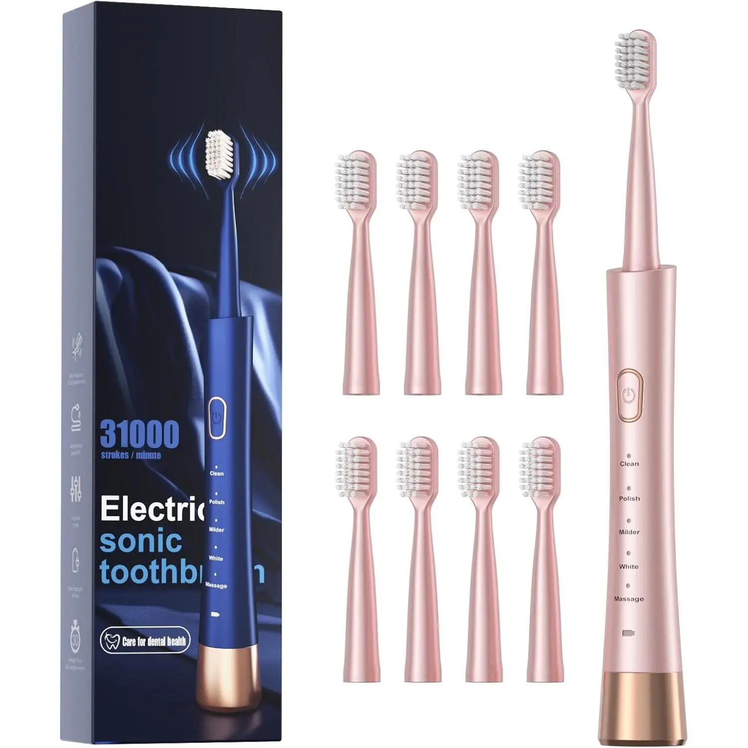 Adult Sonic Electric Toothbrush, USB Rechargeable Ergonomic Oral Care Device with 8 DuPont Bristles Replaceable Heads, 5 Modes, Smart Timer, 2-Hour Fast Charging, 30-Day Long-Lasting Battery, Pink for Healthy Gums