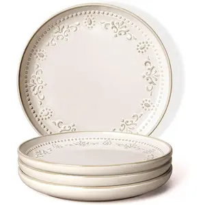 Salad Plates Set Of 4, 8.5 Inch Embossed Appetizer Plates, Ceramic Small Dinner Dessert Plate, With Lipped Edges for Kitchen Microwave Oven Dishwasher Safe (Damask Floral)