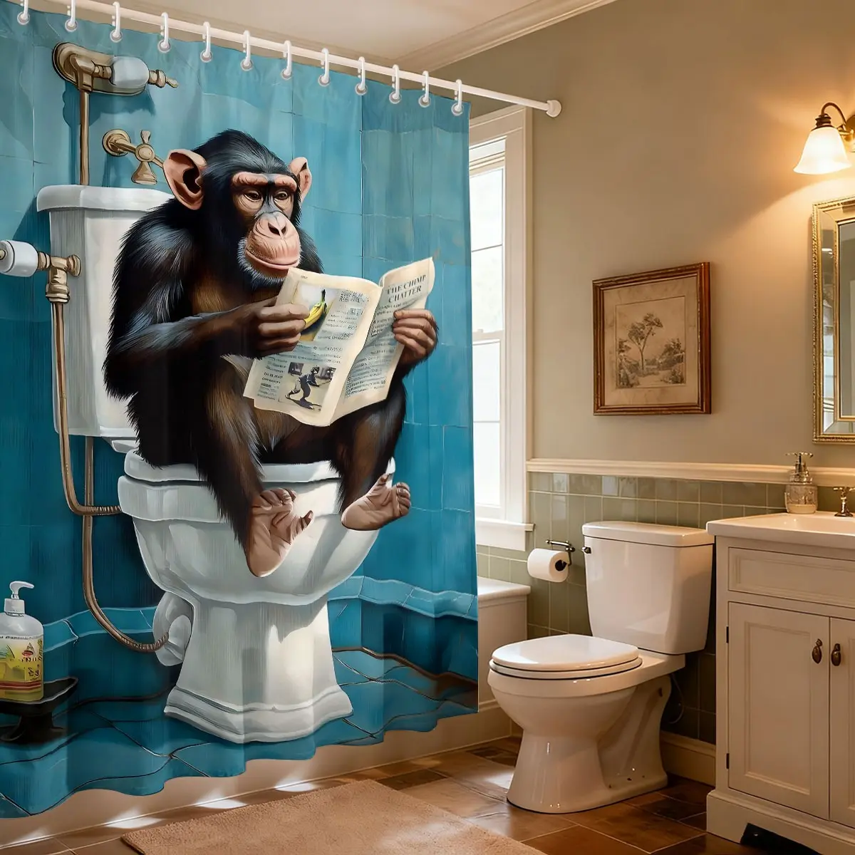 1pc Funny Monkey All Over Print Shower Curtain for Bathroom, Funny Shower Curtains, Washable Durable Fabric,Teen Bathroom Decor Accessories Waterproof Fabric with Hooks
