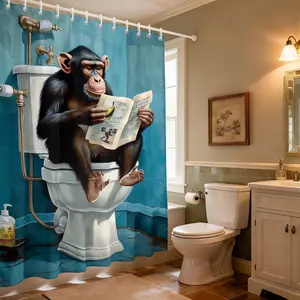 1pc Funny Monkey Shower Curtain for Bathroom, Washable Durable Fabric,Teen Bathroom Decor Accessories Waterproof Fabric with Hooks