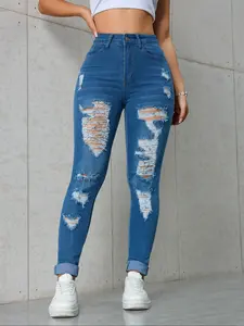 Women's Ripped Street Style Tight Pants, Casual Fitted Jeans for All Seasons, Trendy Denim Fashion for Everyday Wear