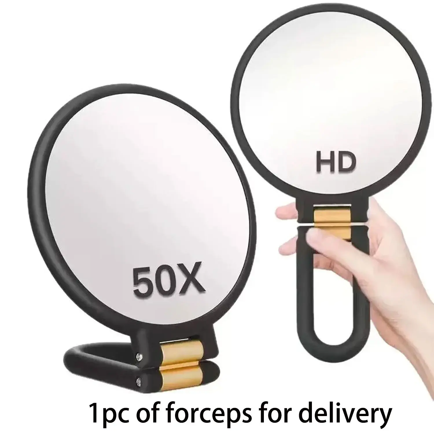 New 50x and 30x magnifying handheld dual-sided mirror with clip-on stand and suitcase, foldable makeup mirror, for precise makeup application Hand Mirrors