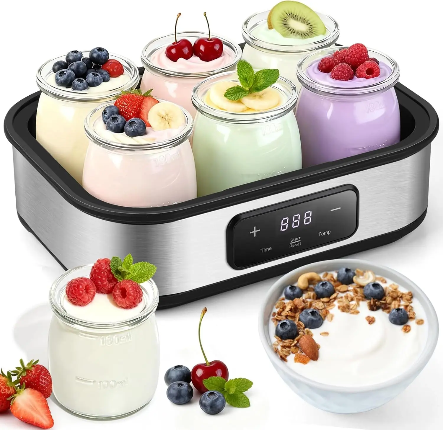 Yogurt Maker with Adjustable Temperature & 48H Timer - 6 Glass Jars for Homemade Probiotic Yogurt for Family Wellness & Healthy Diet Lovers