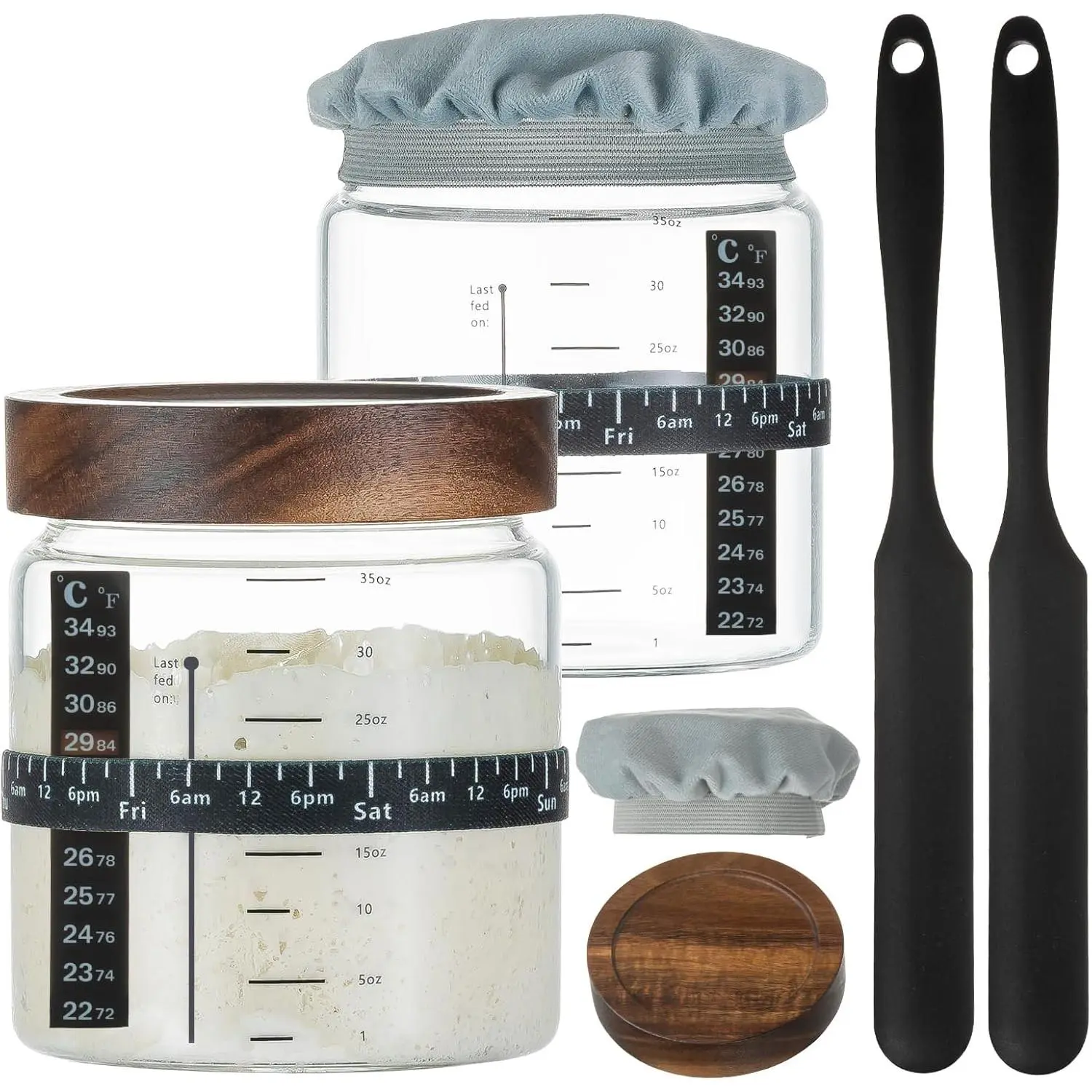 Sourdough Starter Jar 2Pack 35OZ with Ounce Scale Line,Date Marked Feeding Band, , Sourdough Jar Scraper, Cloth Cover &  Lid, Wide Mouth for Sourdough Bread Baking