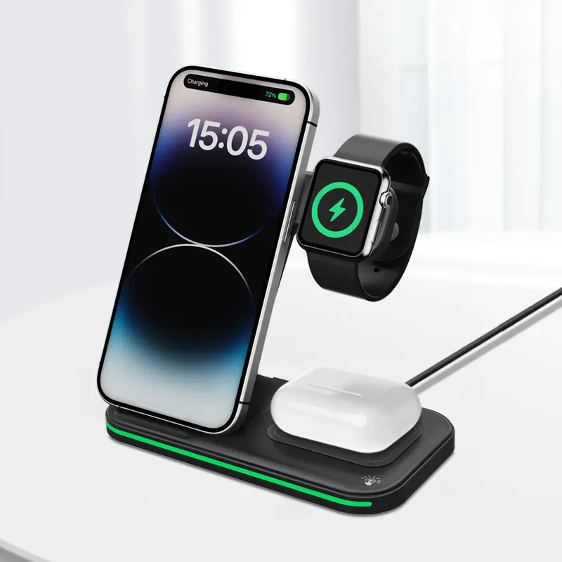 Folding 3-in-1 Wireless Charging Station 15W Fast Charger for IPhone 16-11, IWatch Ultra10-2/SE, AirPods 4-2/Pro, and Qi-compatible phones