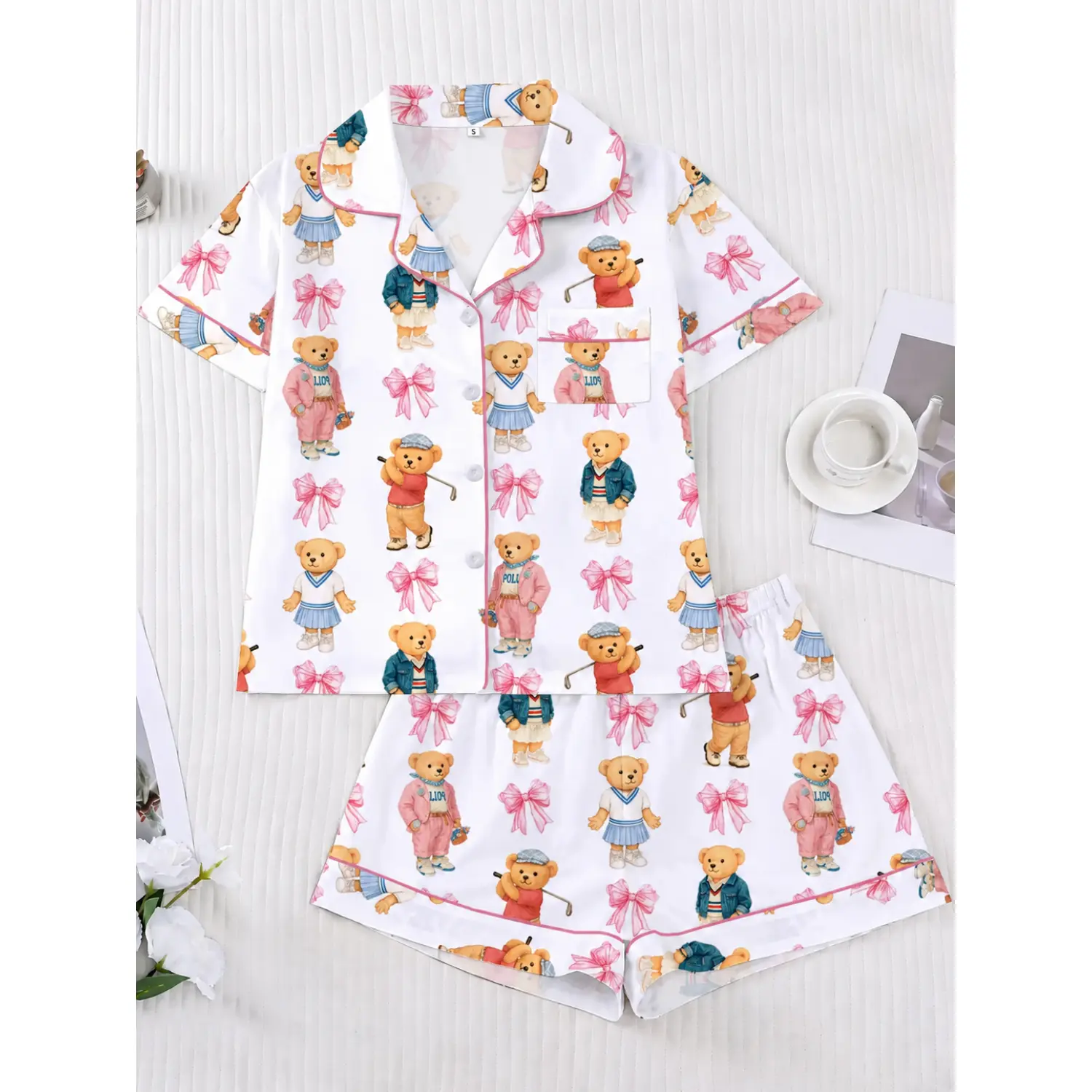 Women's Bear Bow Print Pajama Set, Short Sleeve Button-Up Top & Elastic Shorts, Casual Fashion Sleepwear Loungewear for All Seasons
