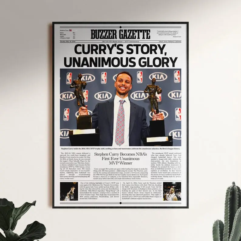 2016 Stephen Curry "Unanimous MVP" Poster, NBA Poster Print, Basketball Wall Print, Sports Newspaper Front Page