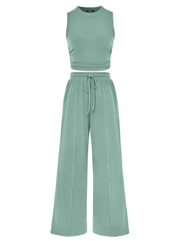 Women's Casual 2-Piece Womenswear Summer Lounge Set - Ribbed Knit Crew Neck Sleeveless Cropped Top & Wide Leg Pants, for Outdoor Fun Crewneck Clothes