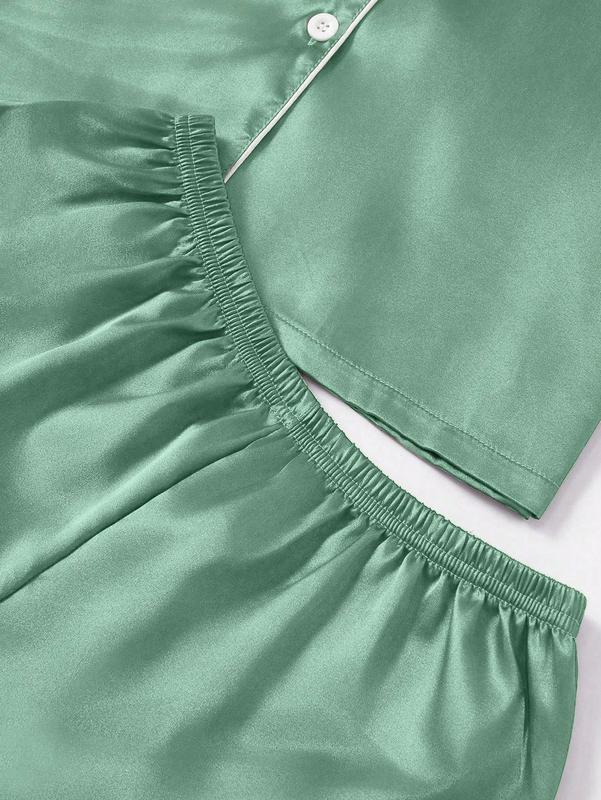 3 PiecesWomen s Contrast Color Trim Solid Color Faux Silk Pajama Set - Dark Green