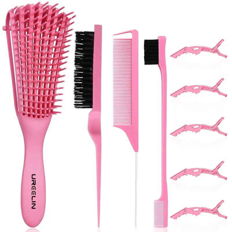 Detangling Brush Set for Curly Hair with Teasing & Edge Brush, Rat Tail Comb, and Alligator Hair Clips - 3A to 4C Hair Types Haircare, Heatless