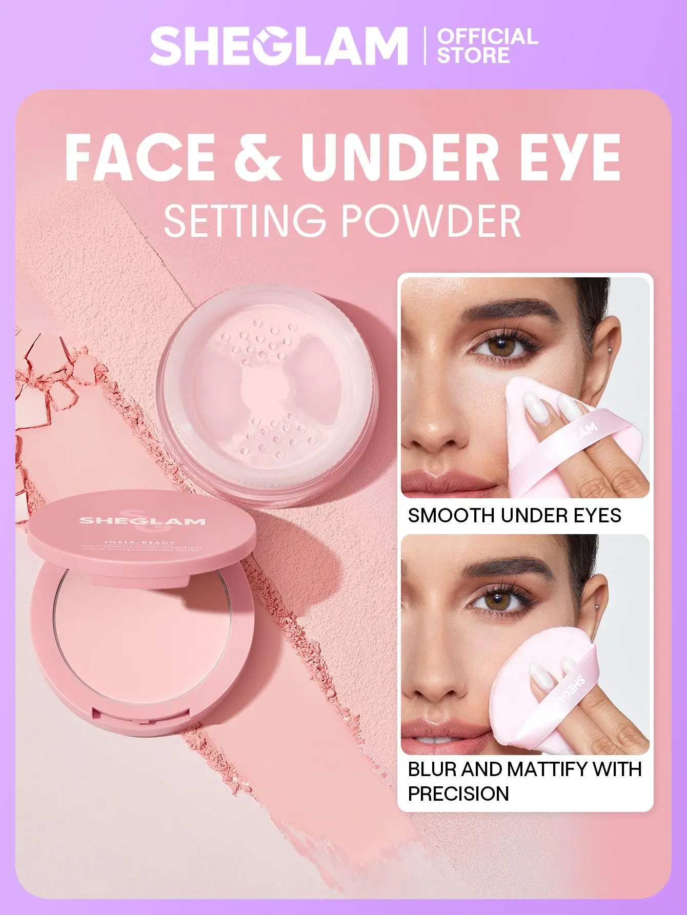 SHEGLAM Insta Ready 2-in-1 Face & Under Eye Setting Powder Duo, Lightweight Cosmetic with Oil Control, Soft Matte Finish, Long-Lasting Fresh Glam, Brightening Loose & Matte Pressed Powder