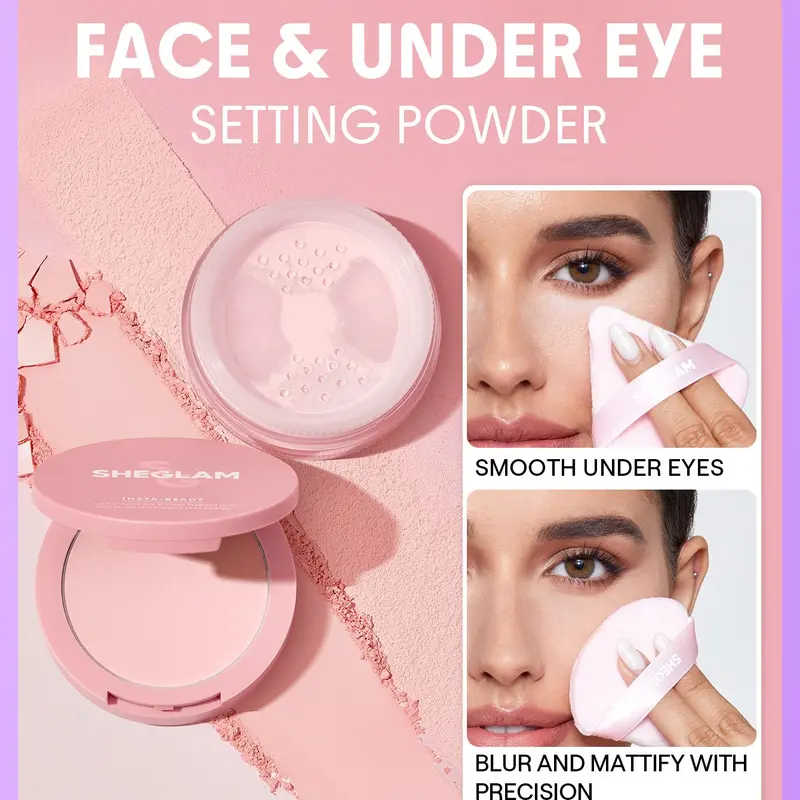 SHEGLAM Insta Ready 2-in-1 Face & Eyes Setting Powder Duo - Compact, Lightweight Cosmetic with Oil Control, Smooth Matte Finish, Under-Eye Lock, Fill & Blur, Long-Lasting Fresh Glam, Brightening Loose & Pressed Form