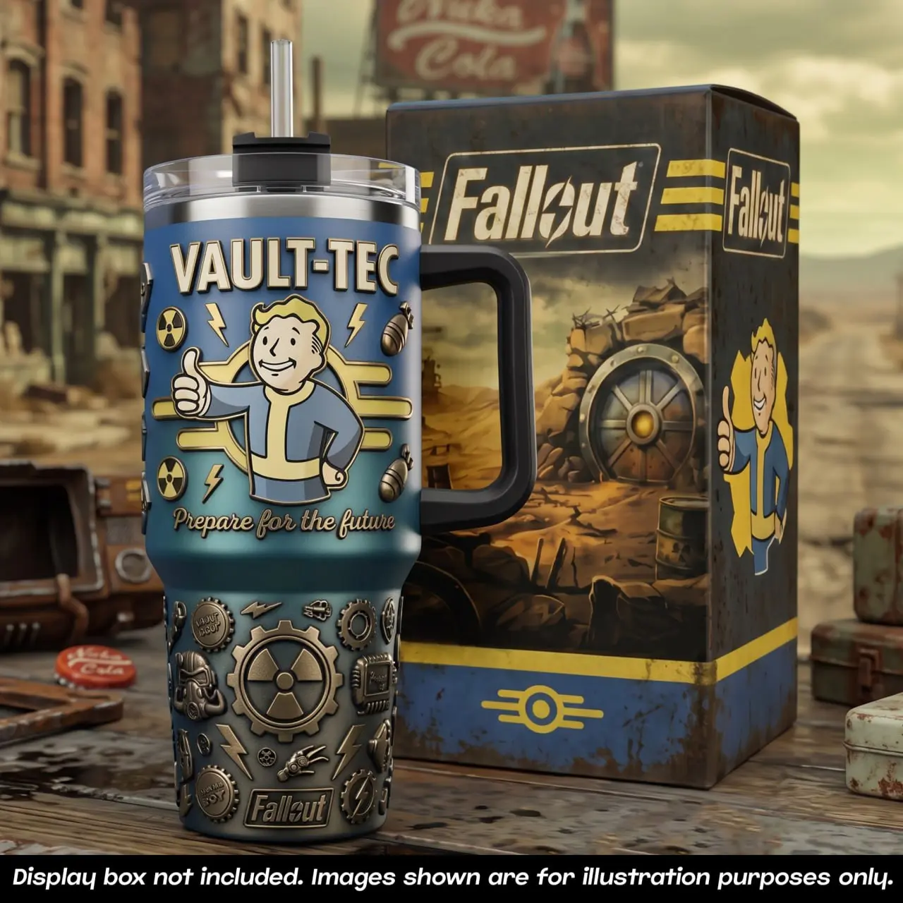 Fallout Vault Tec Insulated Tumbler 40 oz Stainless Steel Travel Mug With Handle Straw, Vault Boy Prepare for the Future Video Game TV Show Merch Gift, Post Apocalyptic Gamer Coffee Cup, Leakproof Portable Water Bottle For Car Cup Holder
