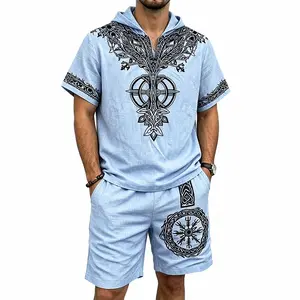 Men’s Nordic Viking Graphic Print Hooded Short Sleeve Shirt and Shorts Set, Casual Summer Two-Piece Outfit, Lightweight Breathable Slub Linen-Look Relaxed Fit Sportswear for Beach, Vacation, Travel, Streetwear and Daily Wear