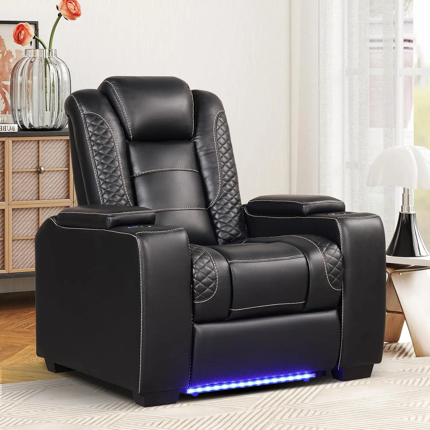 EBELLO Black PU Leather Dual Motor Power Recliner Chair - Home Theater Seating with 40"w x 42.5"d x 42.9"h, Adjustable Headrest, Cup Holders, LED Lights, USB Port, Hidden Arm Storage, Easy Setup (Father’s Day Pick)