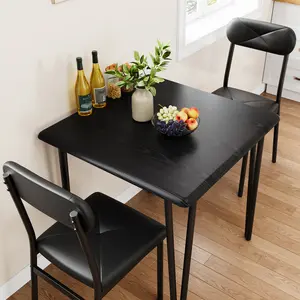 Modern 3-Piece Dining Table Set for 2 – Wood Kitchen Table with 2 Upholstered Chairs – Space-Saving Metal Frame – Ideal for Apartments, Small Spaces, Breakfast Nook – Black Wood Grain