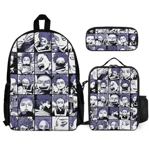 My Hero Academy Fun cartoon three-piece backpack set: includes backpack lunch box and pencil case One size