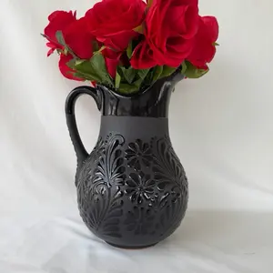 Handmade Talavera Black Jarra with Black Glossy Rim - Decorative Vase for Flowers, Ideal for Home Decor