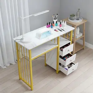 CNCEST Modern Commercial Salon Manicure Table - 39.4-Inch Modern Vanity Beauty Station with 3 Drawers, Gold-White Marble Texture, 66LB Weight Capacity, Modern Vanity Table