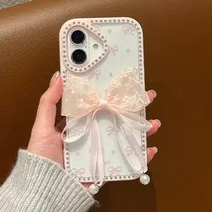 Double-Sided Rhinestone Phone Case, Full-Screen Bow Drip Glue Protective Cover, Lace Pendant, Fashion Luxury Phone Accessory for iPhone 13/14/15/16 Pro/plus/pro Max