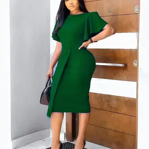 Plus-size women’s summer wrap skirt with flared sleeves, crew neck, hip slit, and professional fit; African dress