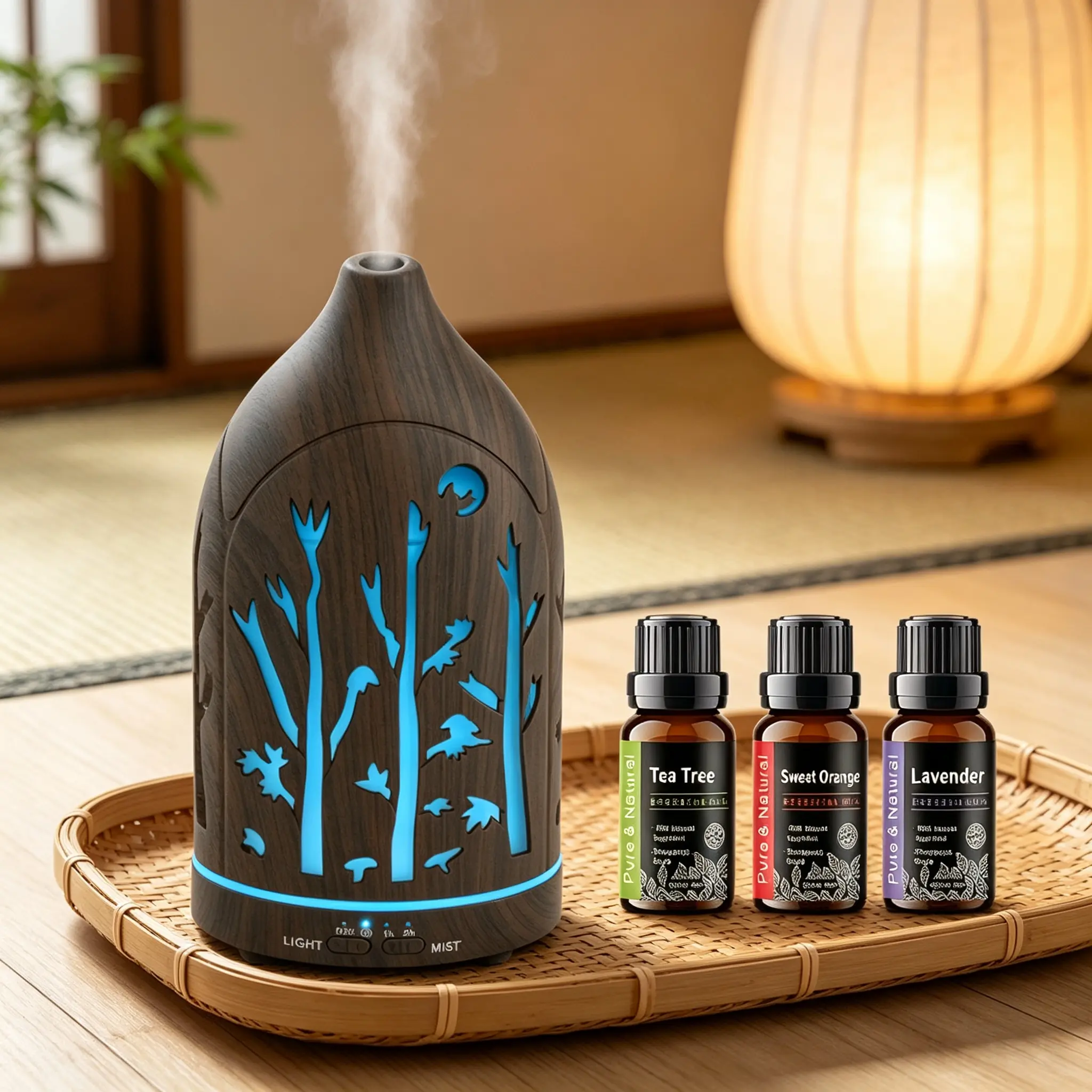 200ml Forest Hollow Wood Grain Aromatherapy Diffuser - 3 Included Oils, 7-Color LED, Ultra Quiet, Auto Shut-Off, USB Powered for Bedroom Home Decor