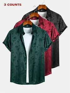 3 pieces of summer casual beach resort jacquard collared button-down short-sleeved shirts, various color combinations in sets, short-sleeved shirts