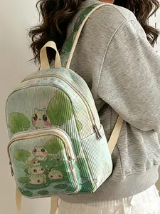 1 piece of lady's backpack with 2D printed frog and lotus leaf pattern, velvet texture + layered storage + lightweight and easy to carry | perfect for students to go to class/shopping/short trips | combines atmosphere with practicality